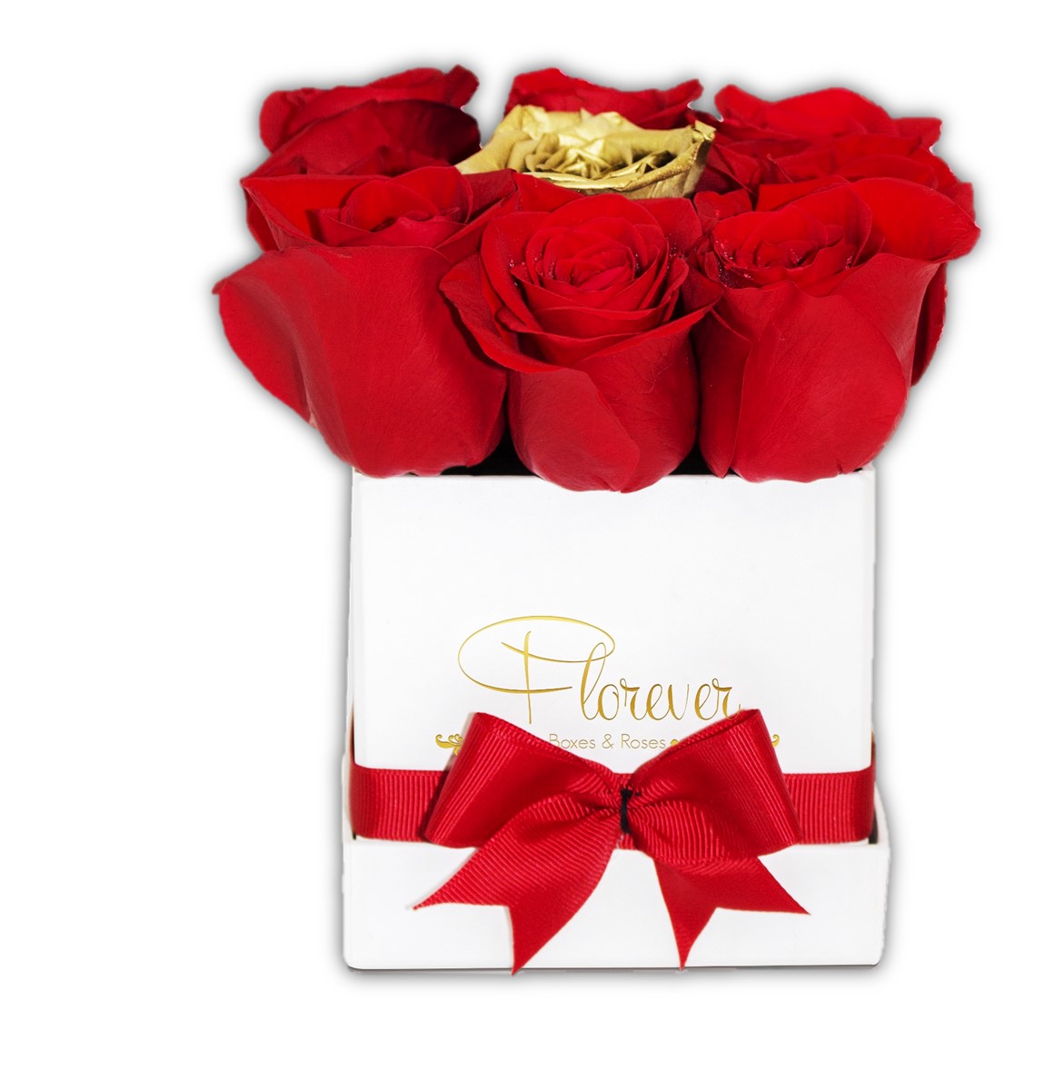 
	Descripción: 8 rosas rojas y una dorada en medio en un handcrafted box blanco.  
	
