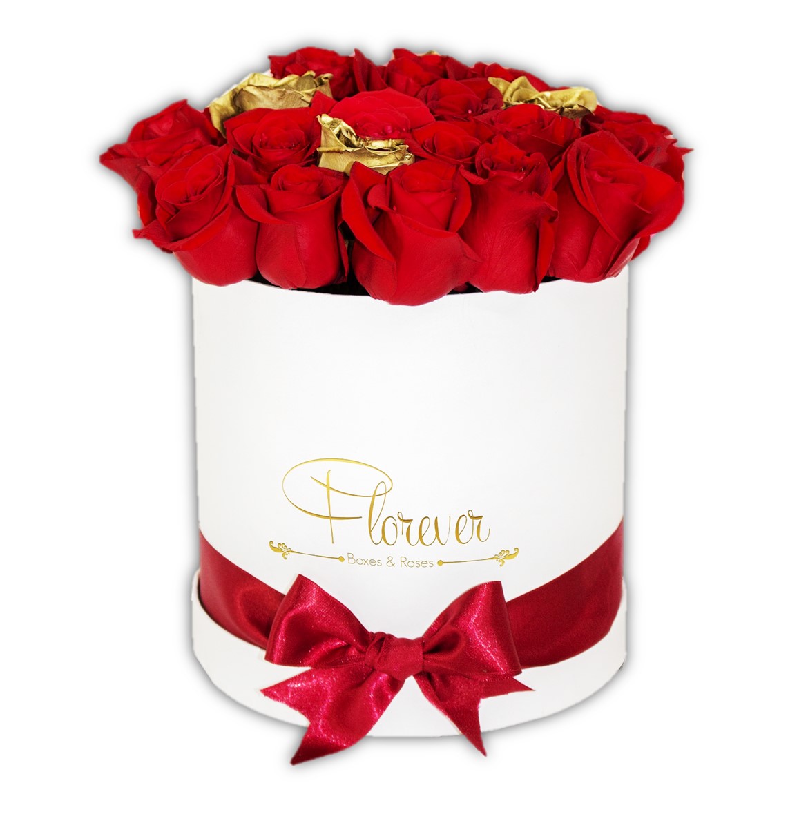 Descripción: 25 a 36 rosas en fondo rojo con chispas doradas en un handcrafted box blanco.
