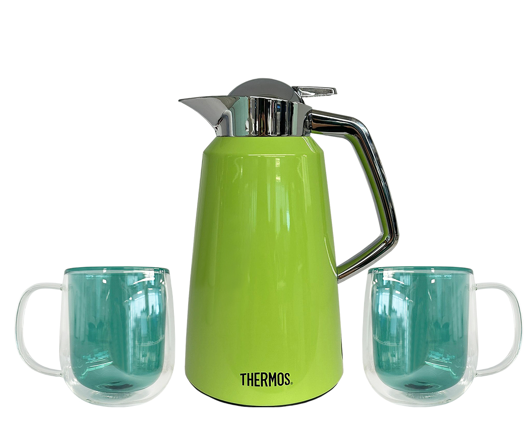 Incluye:


	THERMOS® 1 Lt Jarra Victoria Verde
	THERMOS® 280ml Taza de Borosilicato Verde (2)

