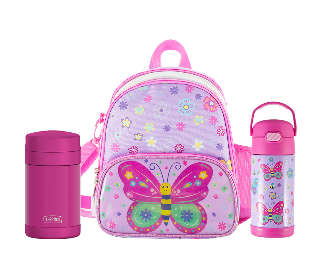 Incluye:


	THERMOS® Lonchera térmica MARIPOSAS GLITTER
	THERMOS® 355ml funtainer de acero p/líquidos MARIPOSA
	THERMOS® 470ML para alimentos Food Magenta

