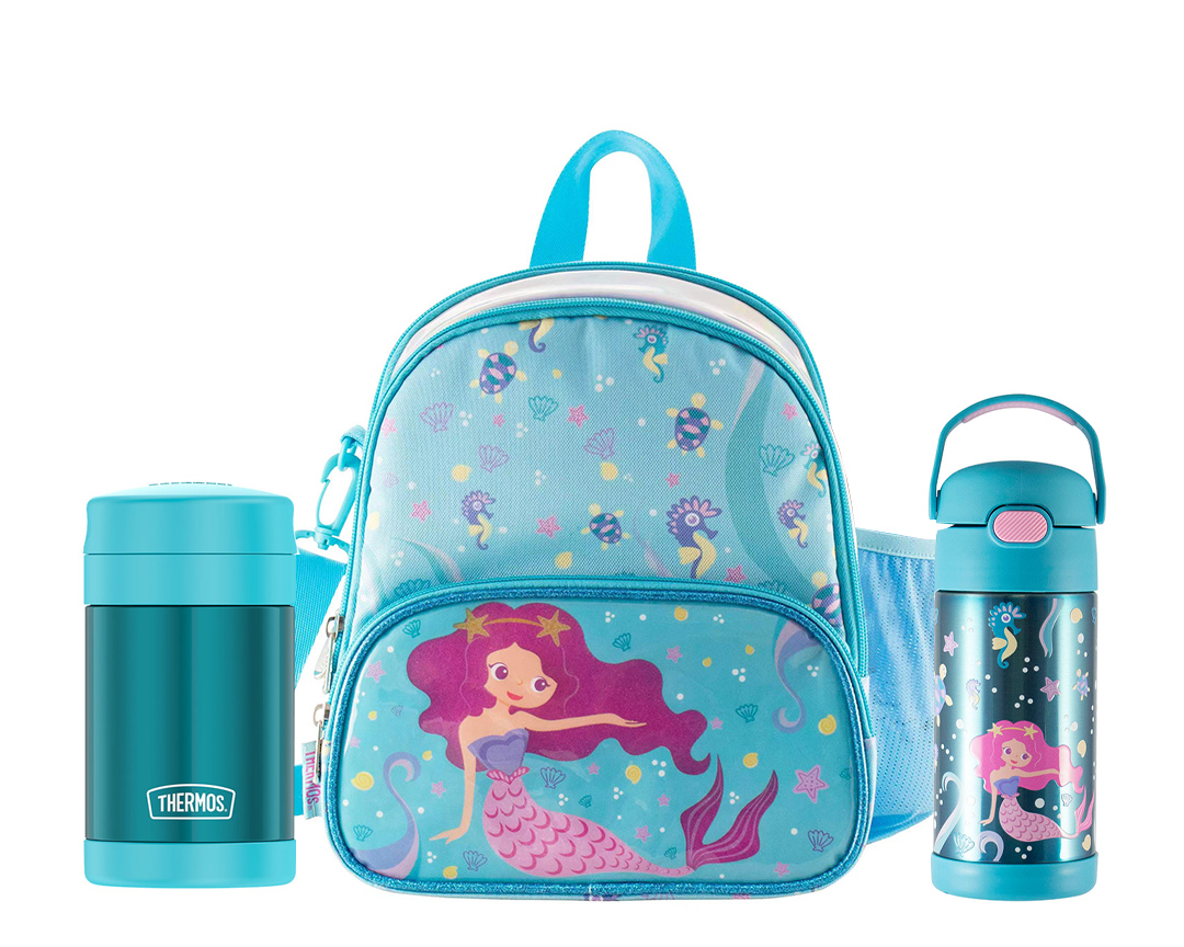 Incluye:


	THERMOS® Lonchera térmica SIRENA GLITTER
	THERMOS® 355ml funtainer de acero para líquidos SIRENA
	THERMOS® 470ml para alimento FOOD Turquesa

