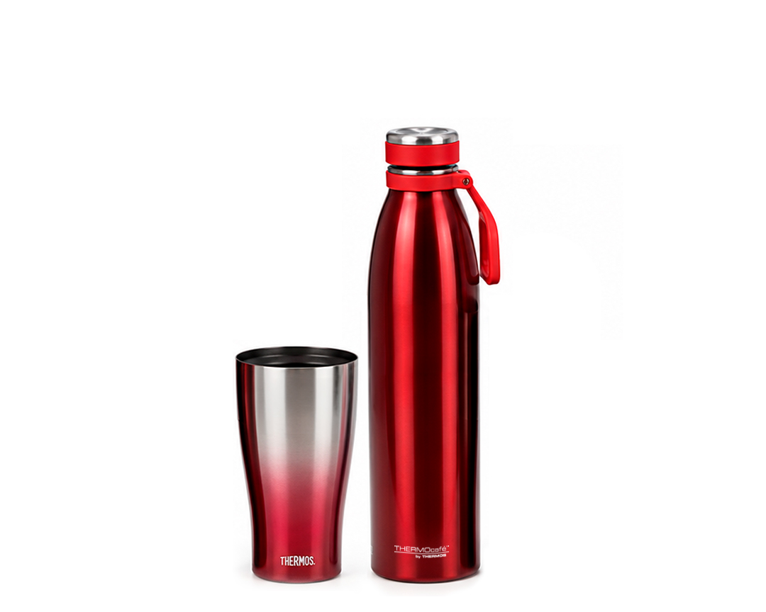 Incluye:


	THERMOS® 1Lt Botella Moray Roja
	THERMOS® 600ml Vaso Térmico CoolHot Rojo

