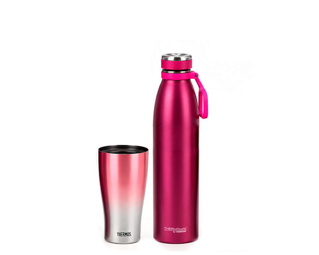 Incluye:


	THERMOS® 1Lt Botella Moray Rosada
	THERMOS® 600ml Vaso Térmico CoolHot Rosado

