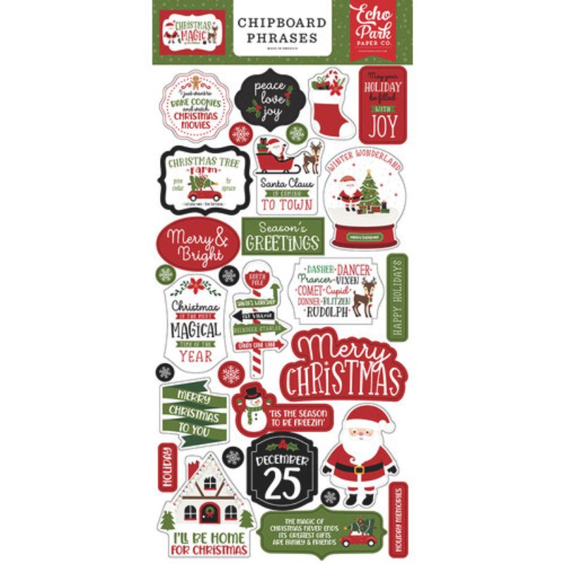 Este paquete incluye adornos de frases de aglomerado. Este paquete es parte de la Colección Christmas Magic diseñada por Lori Whitlock para Echo Park. Esta hoja incluye muchas imágenes y frases utilizadas a lo largo de esta colección. Hay Papá Noel, pancartas, marcos, una bola de nieve, carteles y otros adornos navideños. Estas frases se pueden agregar a tarjetas, páginas de álbumes de recortes, etiquetas, diarios y otros proyectos de elaboración de papel.

 
