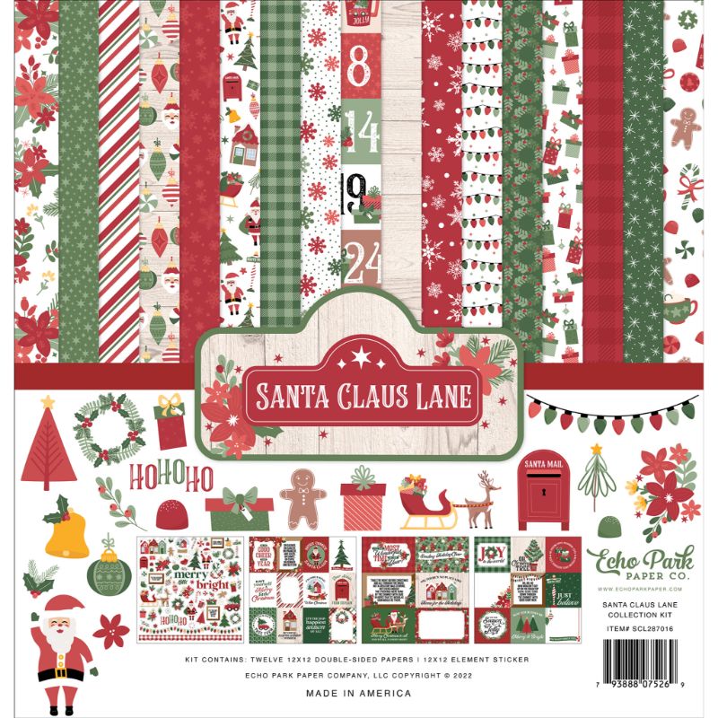 El kit de Santa Claus Lane incluye 12 papeles estampados de doble cara en cartulina texturizada de gran gramaje y 1 hoja de calcomanías Element de 12x12.
