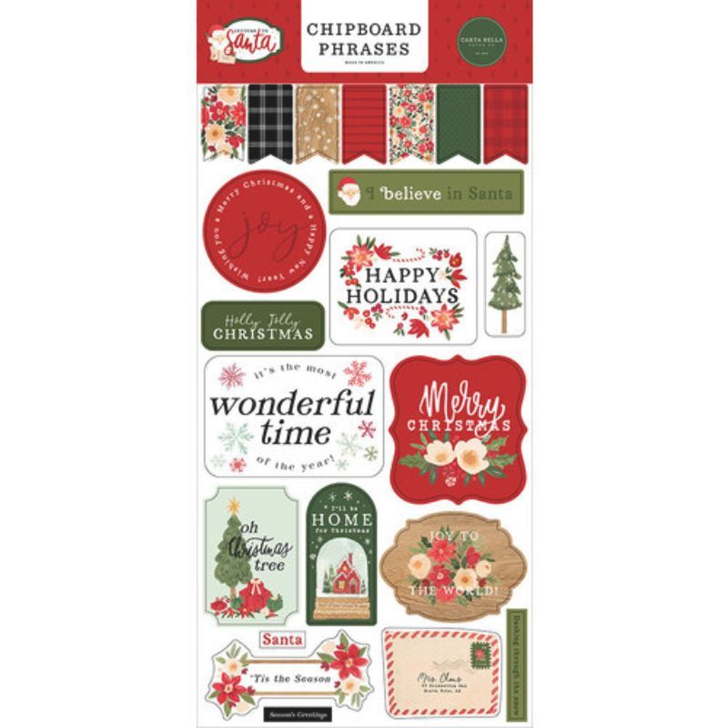 Esta hoja de 6&quot; x 13&quot; incluye imágenes de sellos postales, la frase Feliz Navidad, la cara de Papá Noel, cartas y un buzón, un árbol de Navidad, copos de nieve, adornos y más.
