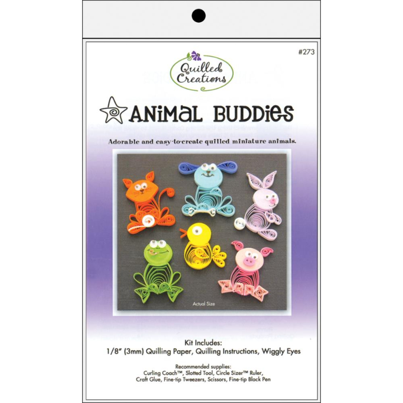 El kit Animal Buddies; Incluye instrucciones básicas, patrones, ideas y juego de papeles para quilling.
 ¡Diseños simples y creativos para álbumes de recortes, tarjetas de regalo, adornos y marcos!
