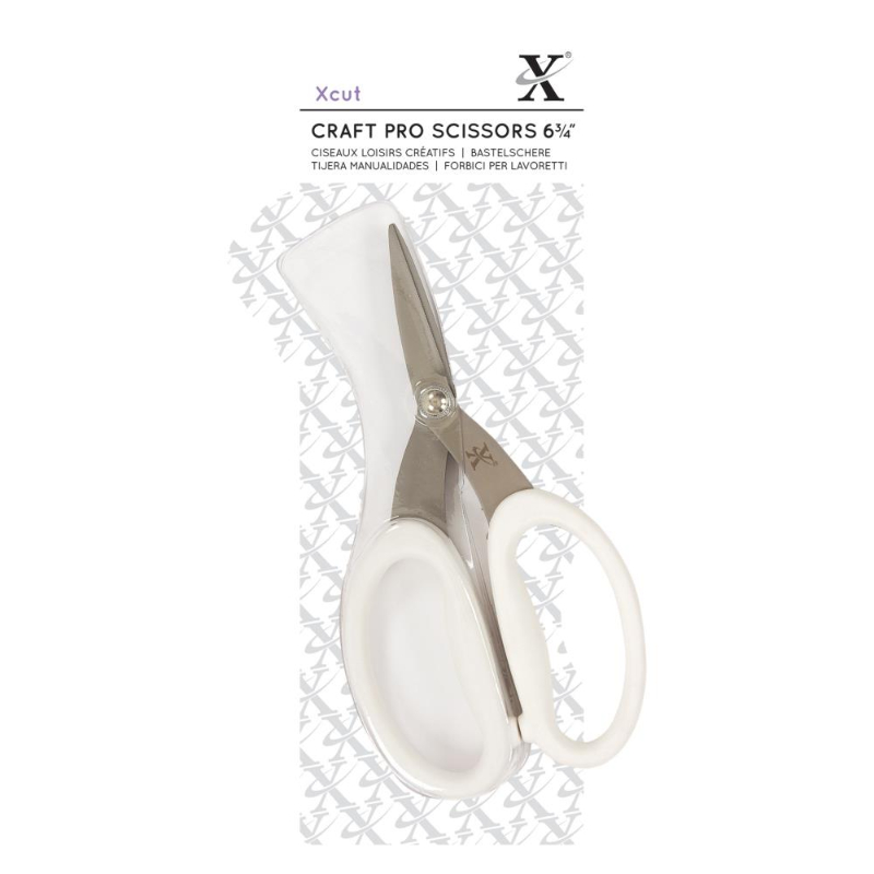 Tijeras Docrafts-Xcut Craft Pro. ¡Perfecto para cortar papel, cartulina, espuma fina, tela y más! Tiene cuchillas microdentadas de acero inoxidable recubiertas de titanio afiladas y duraderas. Ideal para cortes detallados. Las asas son flexibles para máxima comodidad. 
