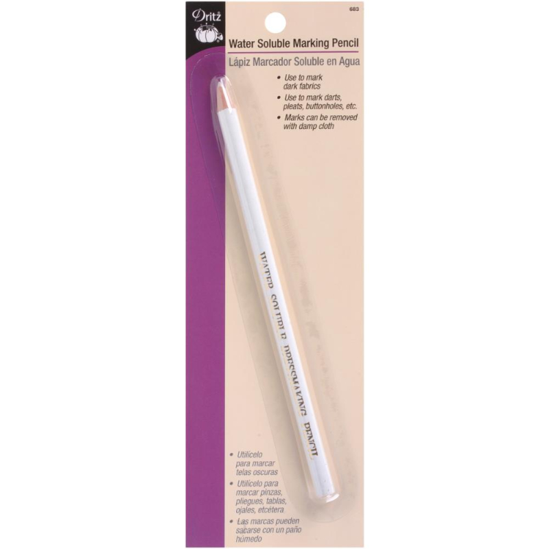 Lápiz marcador soluble en agua DRITZ. Úselo para transferir el marcado de patrones directamente a la tela. Úselo para marcar pinzas, pliegues, ojales y más. Las marcas se pueden eliminar con un paño húmedo. Este paquete contiene un marcador.
