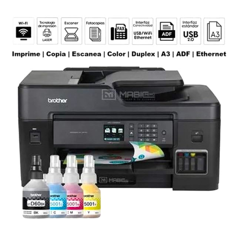 El multifuncional de inyección de tinta a color MFC-T4500DW de la serie InkBenefit Tank Business de Brother ofrece resultados de alta calidad a bajo precio y la ventaja adicional de poder imprimir en papel de hasta 27.9 x 43.2 cm (A3). Diseñado para pymes, este potente equipo viene con una pantalla a color LCD de 2,7" que permite navegar fácilmente por el menú e imprimir desde y escanear hacia varias aplicaciones populares en la nube ‡. Impresión y escaneado mediante dispositivos móviles para usuarios que se mantienen lejos del escritorio‡. La bandeja de hasta 250 hojas admite papel de hasta 27.9 x 43.2 cm y la bandeja multipropósito de 100 hojas es ideal para varios tamaños de papel. Las funciones N-en-1 y Copiado de documentos de identidad ayudan a ahorrar papel y a reducir gastos de impresión.
