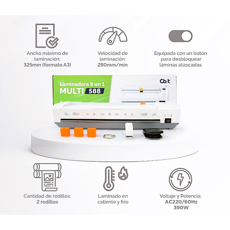 


 






La Laminadora 8 en 1 Multi 588 de CBIT es una herramienta multifuncional diseñada para manualidades, oficina y proyectos de impresión. 



 









	8 funciones en 1: Incluye laminado en caliente, laminado en frío, perforador, argollas de llavero, esquinero redondeador y tres tipos de cuchillas (recta, ondulada y perforada). 

	
	
	 
	
	
	
	Calentamiento rápido: Lista para usar en 2 a 3 minutos. 
	
	
	 
	
	
	
	Compatibilidad: Acepta micas de hasta 125 micrones y un ancho máximo de laminación de 325 mm (tamaño A3). 
	
	
	 
	
	
	
	Acabado profesional: Ofrece un laminado uniforme sin burbujas. 
	220V.












 



