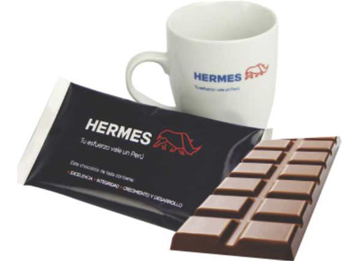 Chocolate para taza con una taza impresa con logotipo resaltarán tu marca en pack original para tus clientes.
