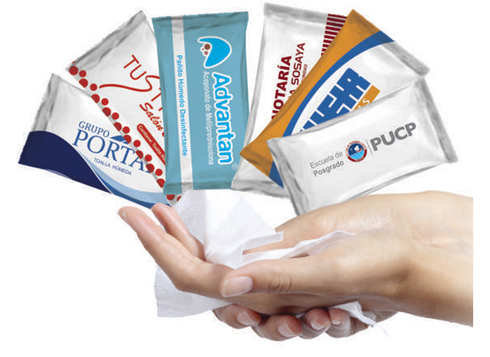 Útiles toallitas hipoalergenicas con logo, practicas y funcionales, usadas en cualquier momento para desinfectarse las manos,
