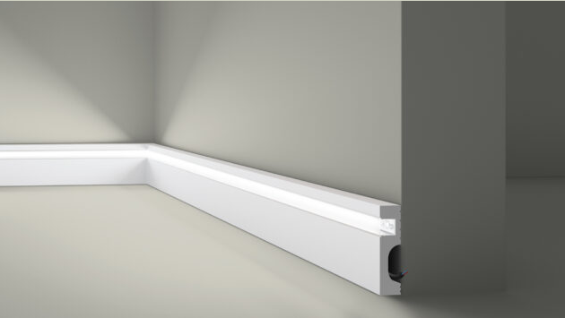 **Precio por Unidad** 

**No incluye led**

- Longitud: 1.97 m
- Altura: 80 mm
- Ancho: 20 mm
- Material compuesto de poliuretano extruido: espuma homogénea de células finas y compactas, de color blanco.
- Densidad: Ca. 220 kg/m3
- Temperatura de colocación: +10°C a +30°C
  (idealmente +15°C a +25°C).
- Temperatura de utilización: max. +70°C
- Dureza de la superficie: ca. 30 según la norma DIN 53505/ISO 868.


	Capa de pintura de imprimación acrílica blanco mate.
	Superficies perfectamente lisas con extremos bien definidos.
	Superficie estriada en el dorso para facilitar la adherencia del pegamento.
	Las superficies deben estar limpias, secas, desempolvadas, desgrasadas y lisas; deslustrar si es necesario.

