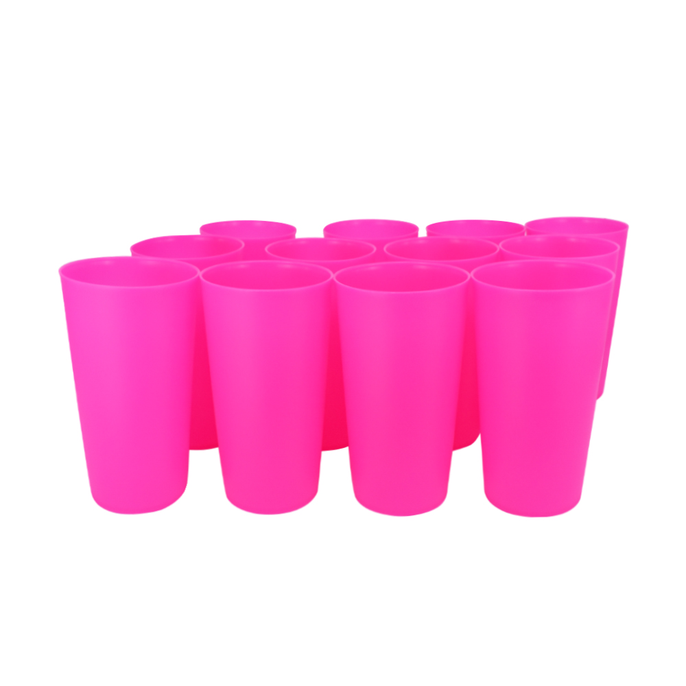 Pack de 12 vasos de 16 oz color rosado sólido.

Material: Polipropileno

Capacidad: 16 onzas

Tipo de embalaje: Termoencogido.

Medidas:


	Alto: 14cm
	Diametro boca: 8cm
	Diametro base: 6cm

