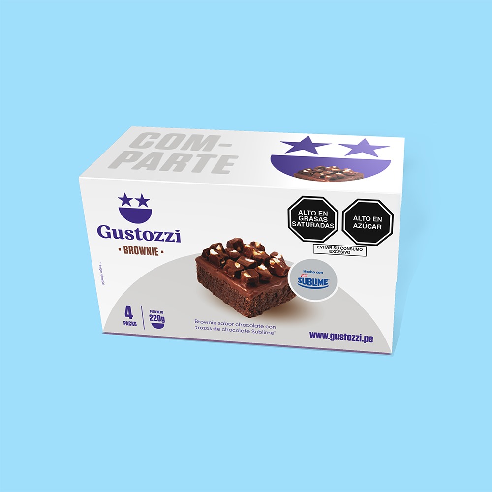 Pack de 4 unidades de Brownies con toppings (trozos) de chocolate Sublime. Ideal para regalar y/o compartir.
