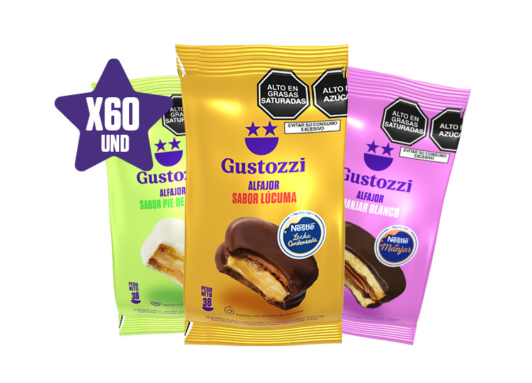 60 ALFAJORES NESTLE SURTIDO

PESO: 38 GR

20 alfajor manjar + 20 alfajor pie limón + 20 alfajor lúcuma
