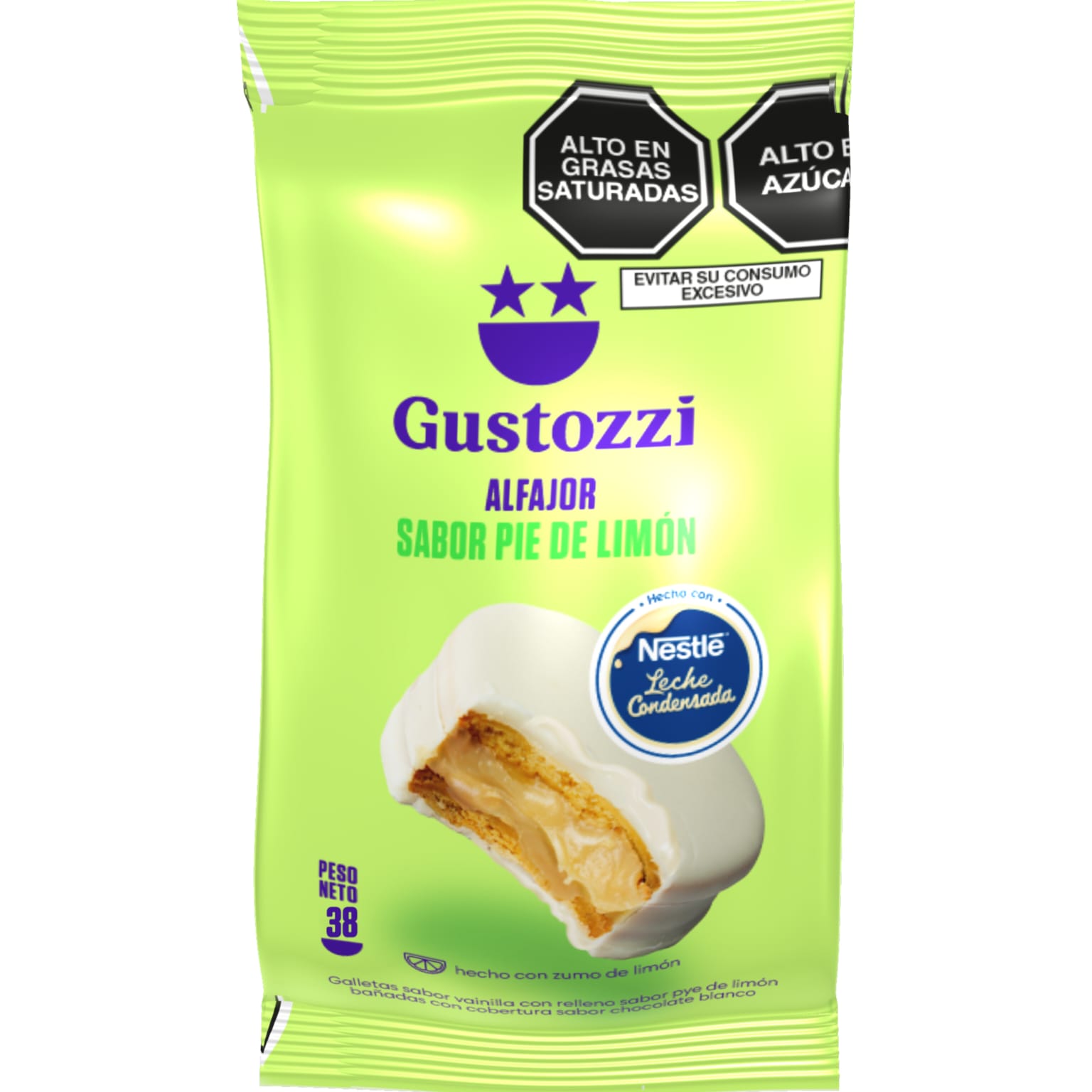 Delicioso alfajor pie de limón, bañado con cobertura de chocolate blanco

Peso: 38 gr
