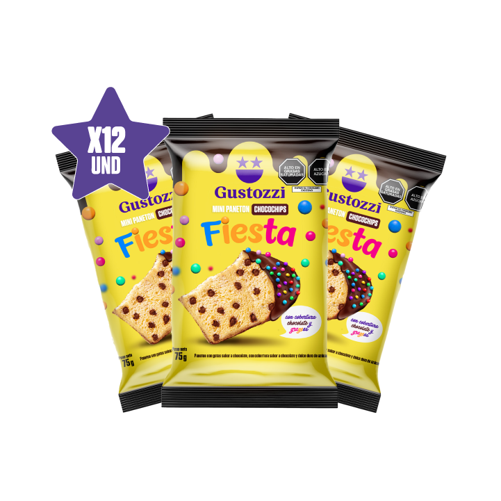 - 12 unidades de panetoncitos chips fiesta bañados en cobertura de chocolate. 
- Peso: 75gr 
