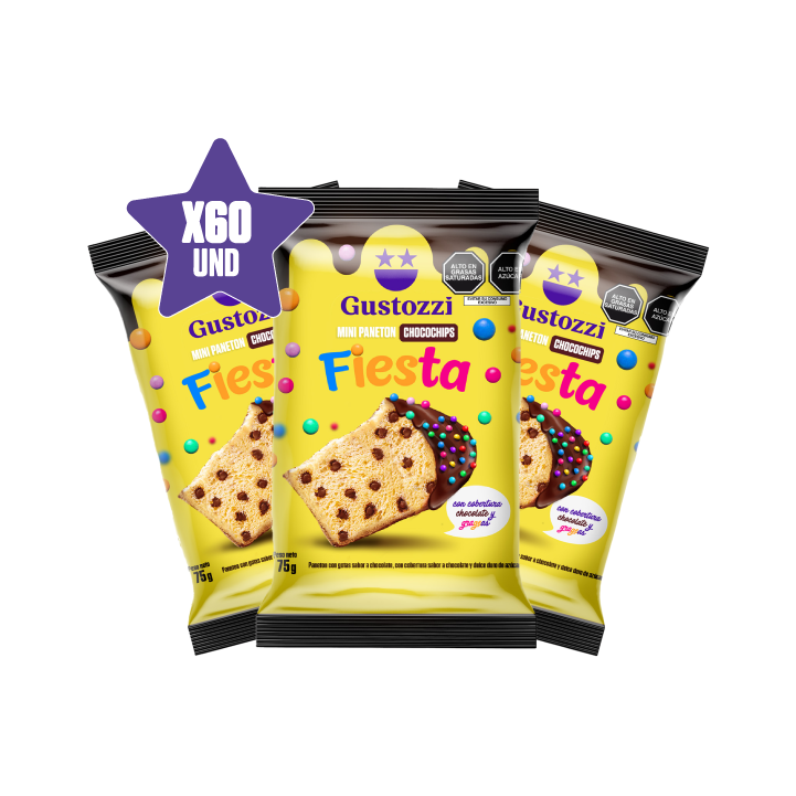 - 60 unidades de panetoncitos chips fiesta bañados en cobertura de chocolate. 
- Peso: 75gr 
