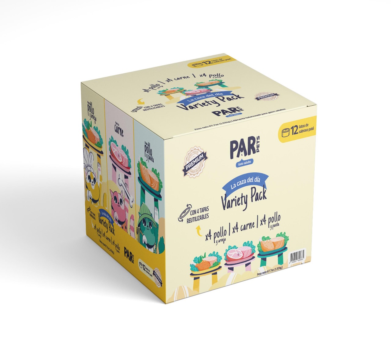 12 latas de paté para gato de 160g de alimento balanceado y completo:
4 de carne de res
4 de pollo &amp;amp; arveja
4 de pollo &amp;amp; pavita.

Proteína 100% de origen animal. Textura cremosa, simplemente irresistible. Sin conservantes, ni colorantes, ni sabores artificiales. Libre de granos.

Incluye cuatro tapas reusables, para mantener el alimento fresco luego del primer uso.
