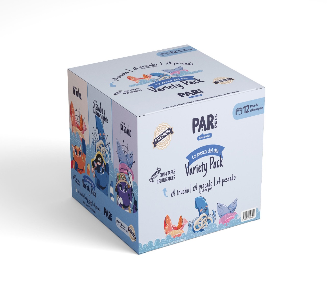 12 latas de paté de 160g de alimento balanceado y completo:
4 de trucha
4 de pescado
4 de pescado &amp;amp; calamar gigante.

Proteína 100% de origen animal. Textura cremosa, simplemente irresistible. Sin conservantes, ni colorantes, ni sabores artificiales. Libre de granos.

Incluye cuatro tapas reusables, para mantener el alimento fresco luego del primer uso.
