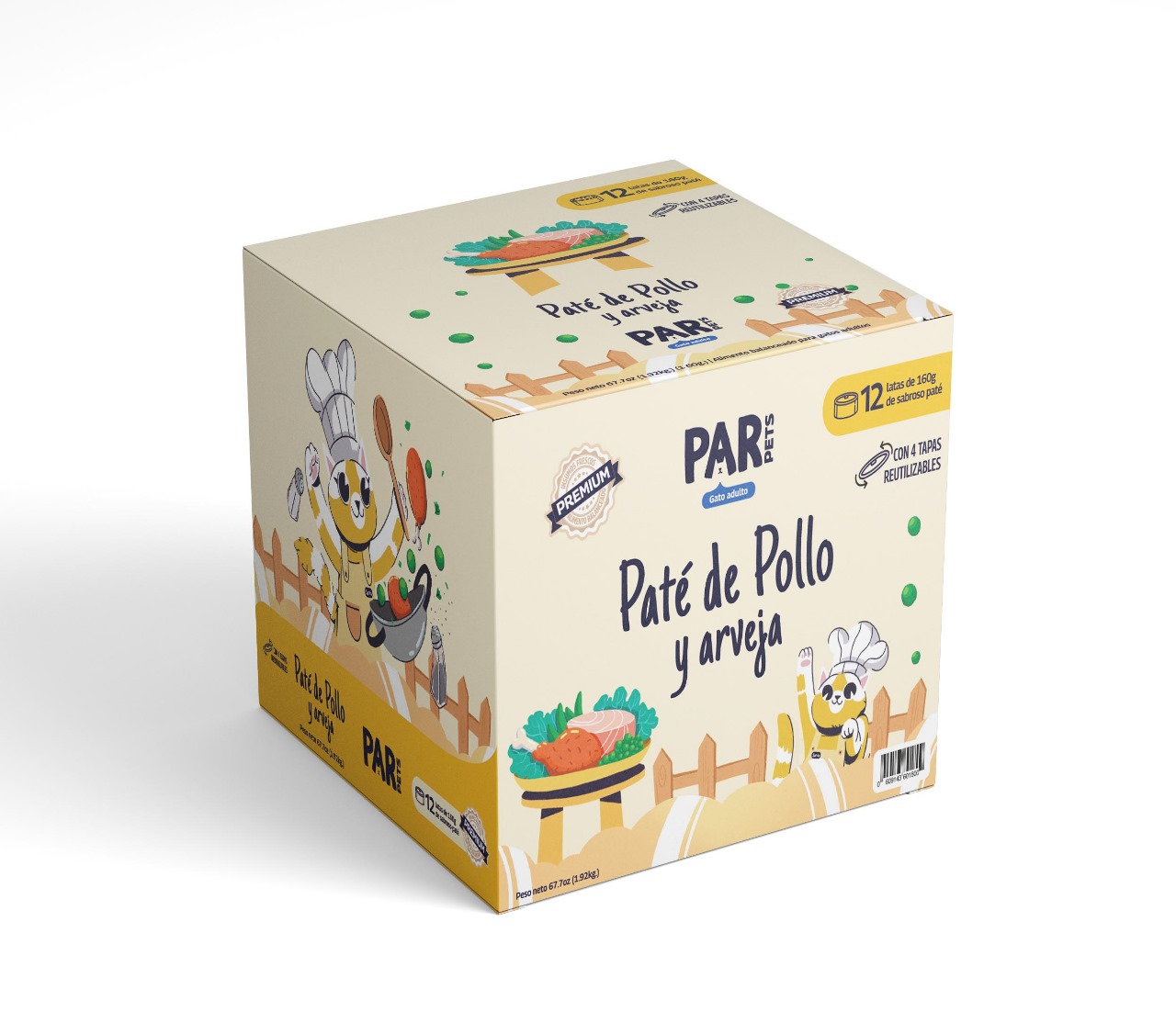 12 latas de paté de pollo y arvejas para gato de 160g de alimento balanceado y completo.

Proteína 100% de origen animal. Textura cremosa, simplemente irresistible. Sin conservantes, ni colorantes, ni sabores artificiales. Libre de granos.

Incluye cuatro tapas reusables, para mantener el alimento fresco luego del primer uso.

