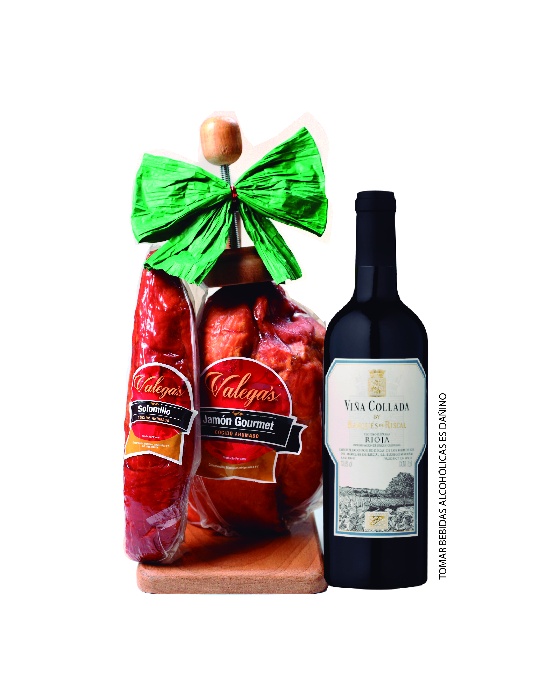 Jamón Gourmet de 2.7kg con parador de madera acompañado por un vino Rioja de Marqués del Riscal y 350gr de solomillo.
