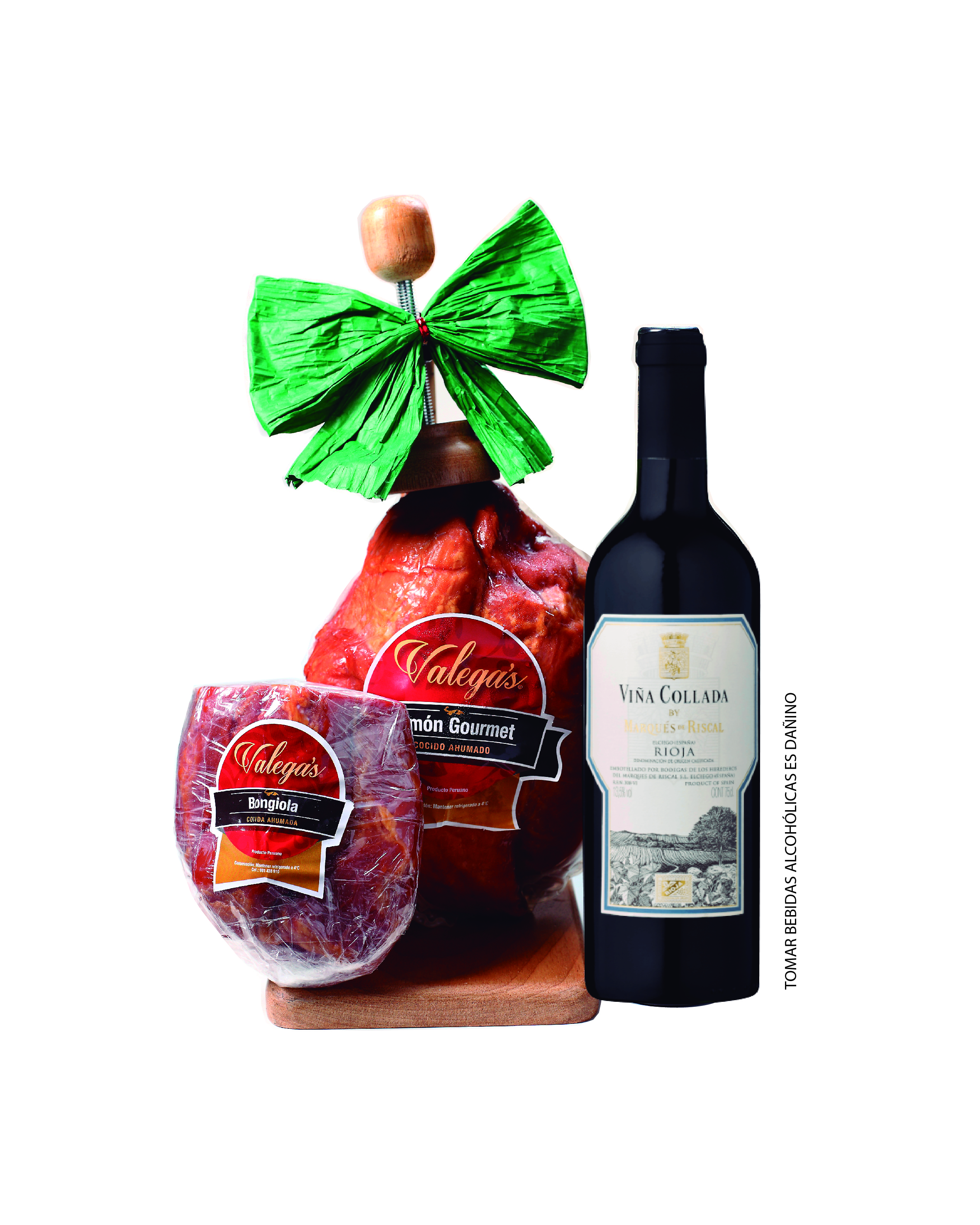 Jamón Gourmet de 2.4 kg aprox. Incluye parador de madera acompañado por un vino Rioja de Marqués del Riscal y una bongiola de 600gr. El vino puede variar sujeto a stock. 
