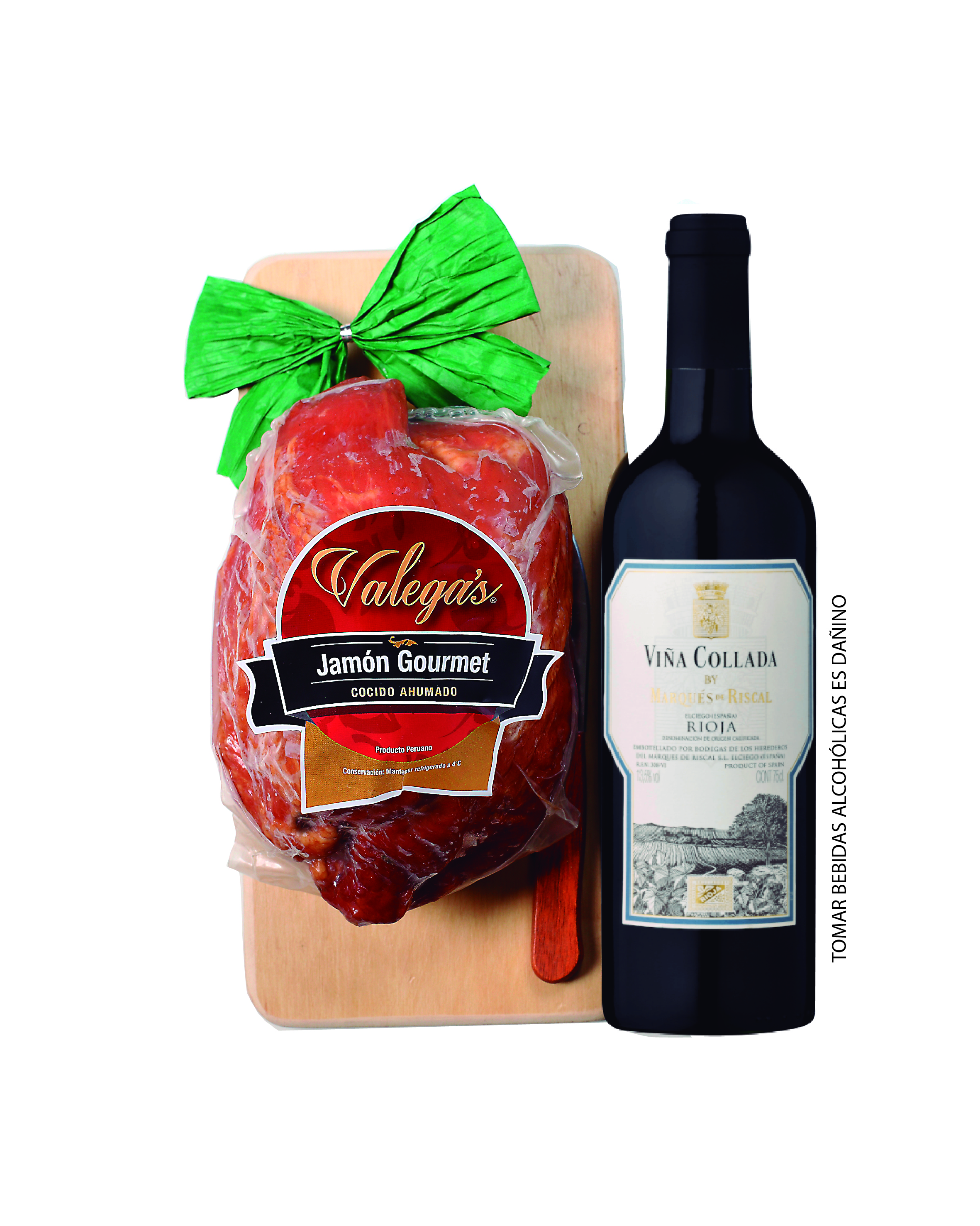 Jamón Gourmet de 1.2kg con tablita de madera y cuchillo, acompañado por un vino Rioja de Marqués del Riscal.
