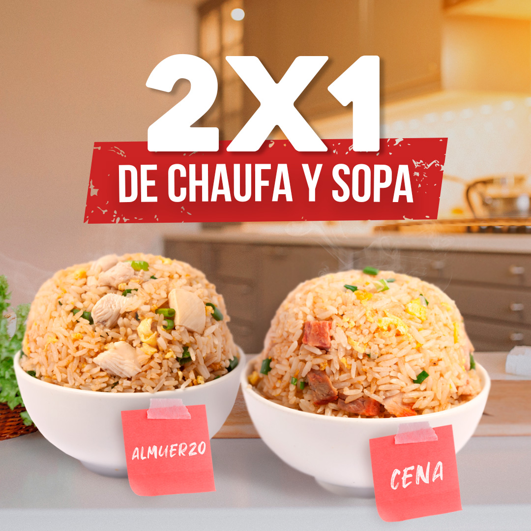 Arma tu 2 x 1 como quieras... 

elije entre chaufa de pollo, de chancho o sopa wantan

 

***Solo valido los martes y miercoles
