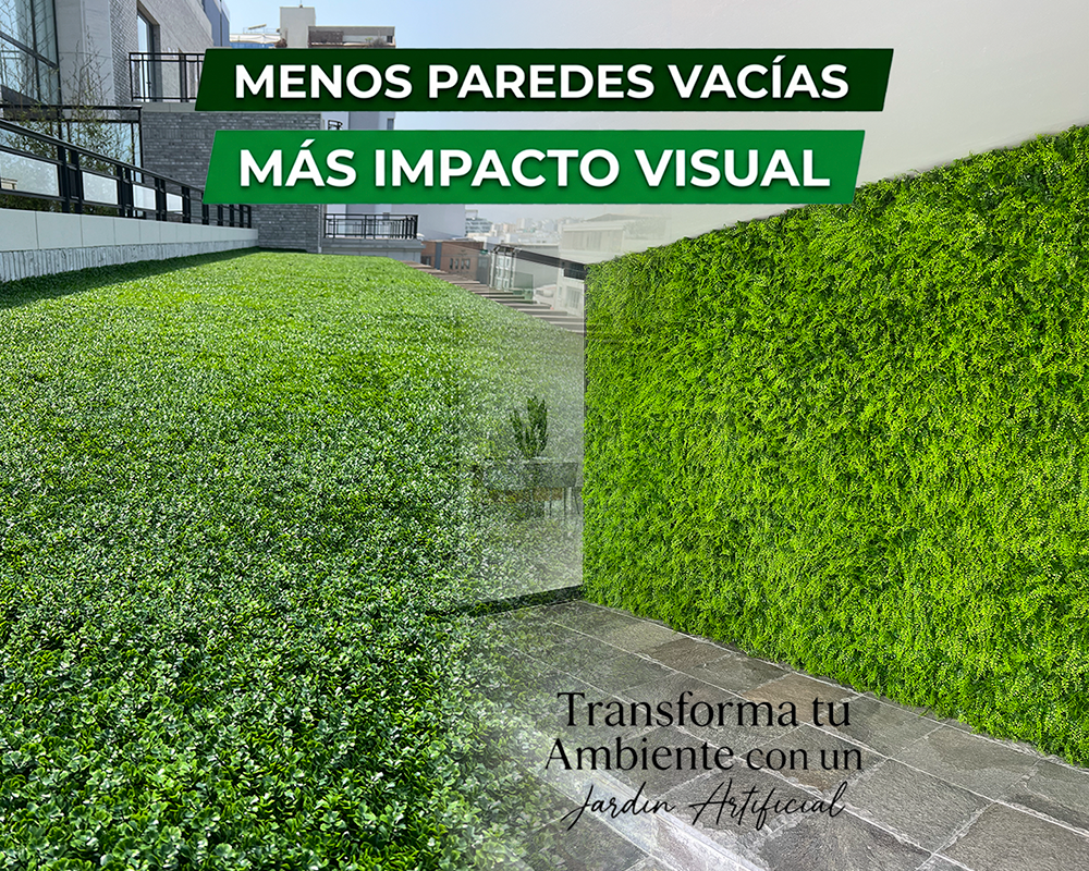 Instalación de jardines verticales artificiales de aspecto natural, ideales para muros verdes sin mantenimiento en terrazas y salas modernas.