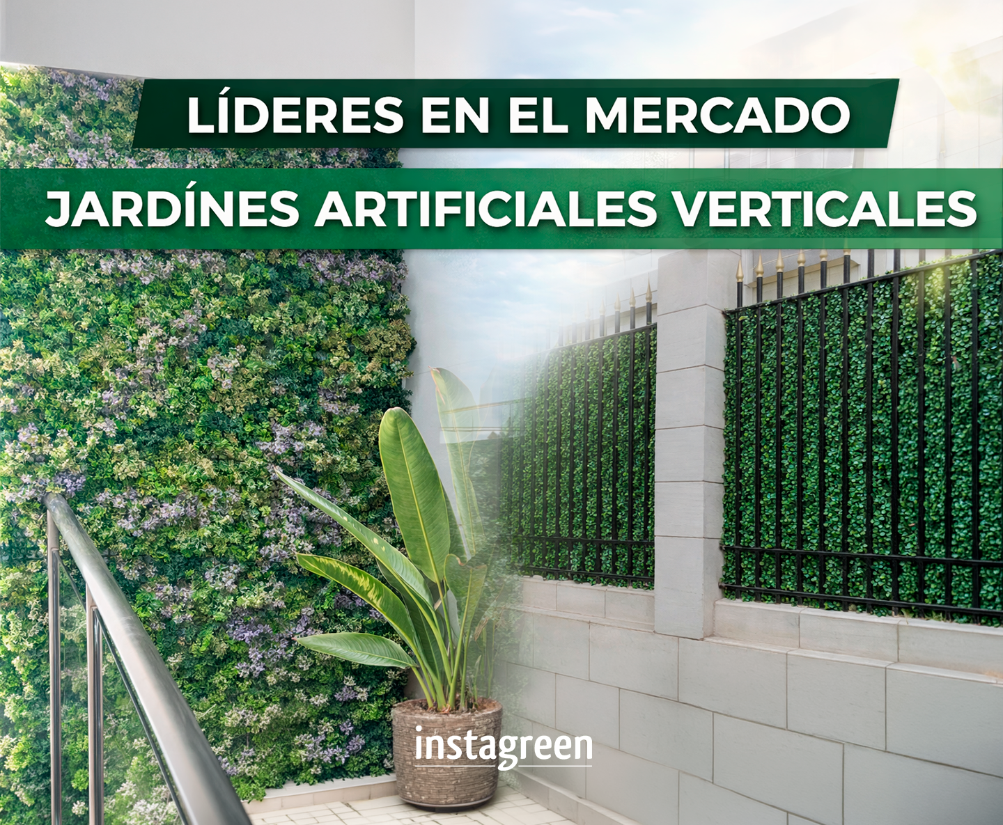 Instalación de jardines verticales artificiales de aspecto natural, ideales para muros verdes sin mantenimiento en terrazas y salas modernas.